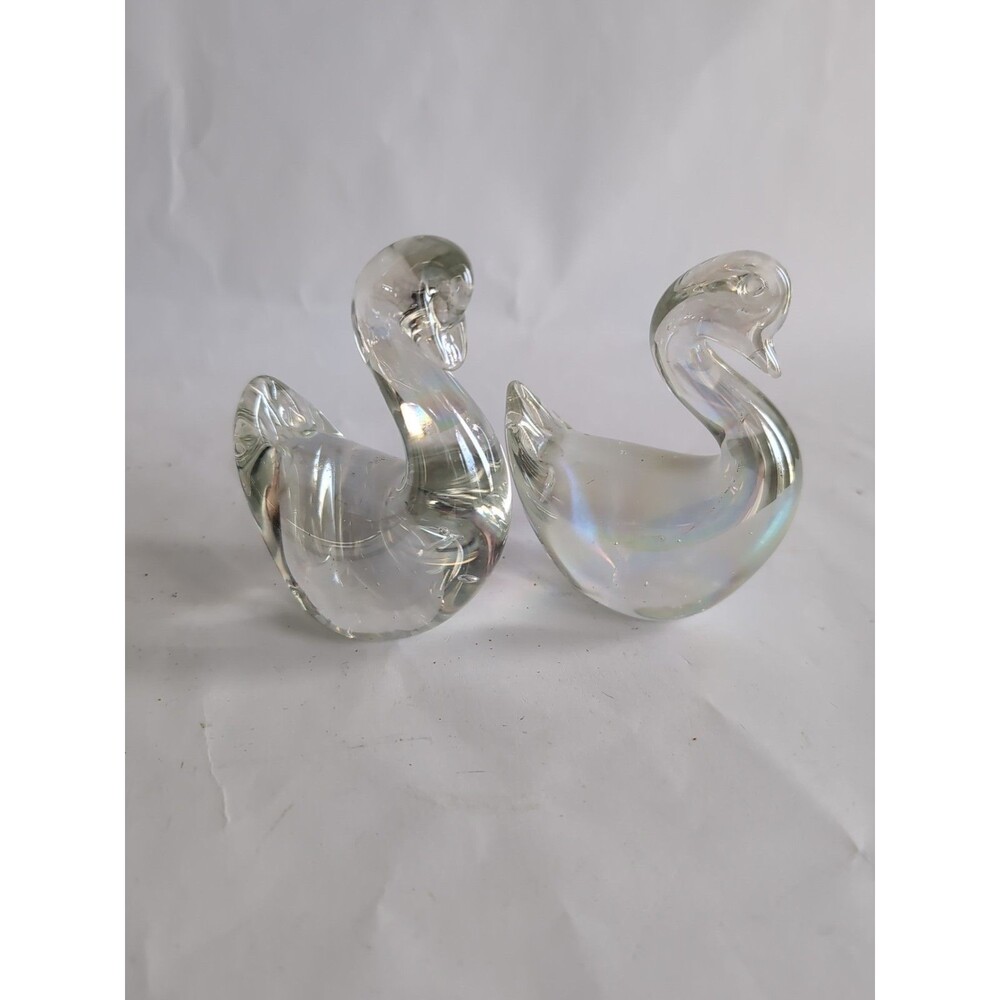 Glass Duck Goose Figurines Paperweight Irridescent Clear Set of 2 Vtg